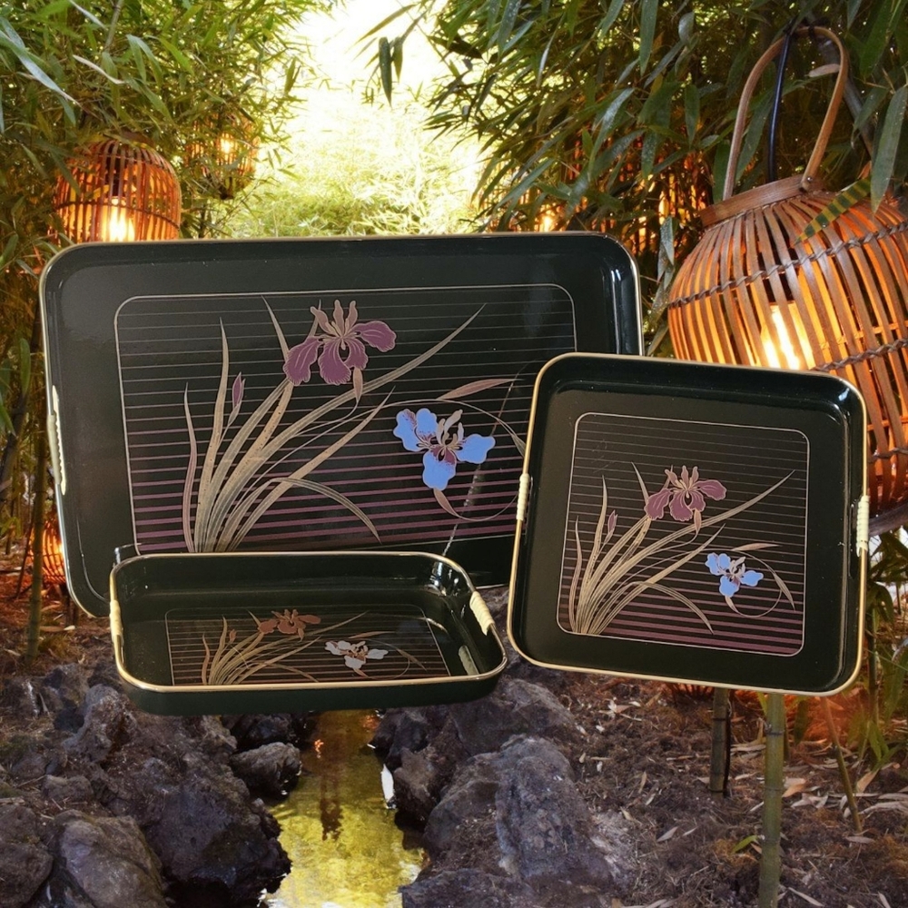 Floral Black Lacquer 3pc Serving Tray Set